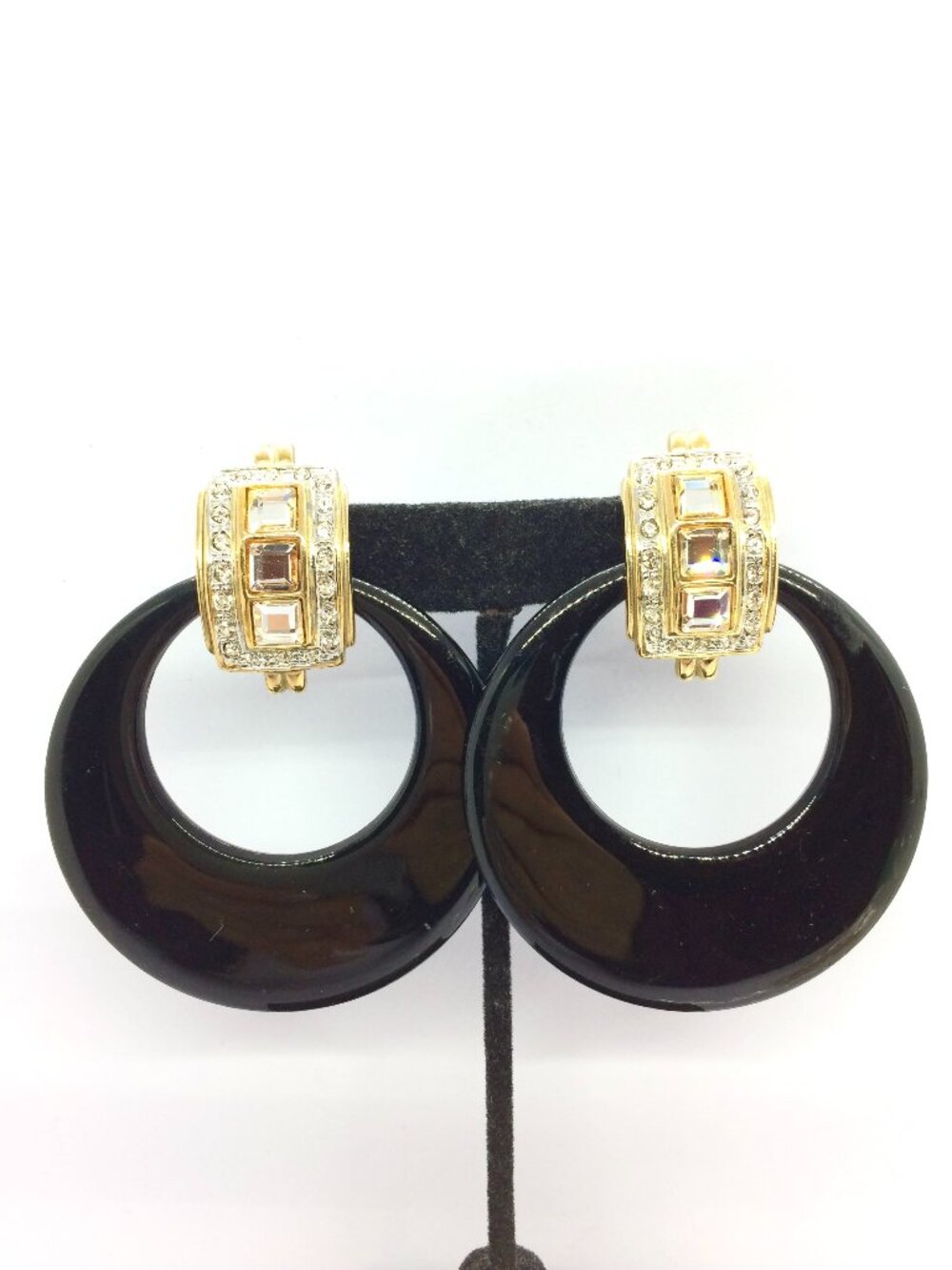 VINTAGE Door Knocker Earrings Gold Tone Black Hoop Rhinestone Oversized 80s